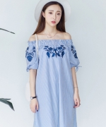 韓國甜美條紋刺繡連衣裙